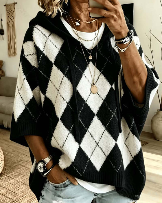 Pullover Plaid Met Capuchon Driekwart Mouw