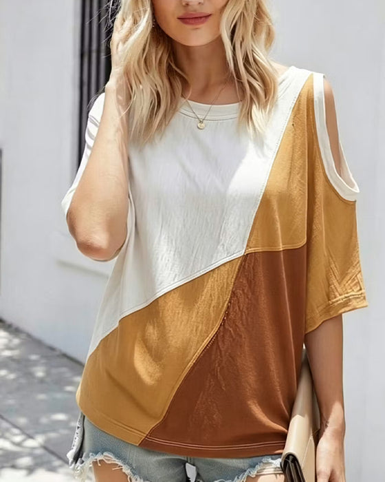 T-Shirt Kleurblok Off-Schouder Los