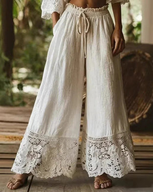 Broek Elastische Taille Trekkoord Kant Patchwork Wijde Pijp