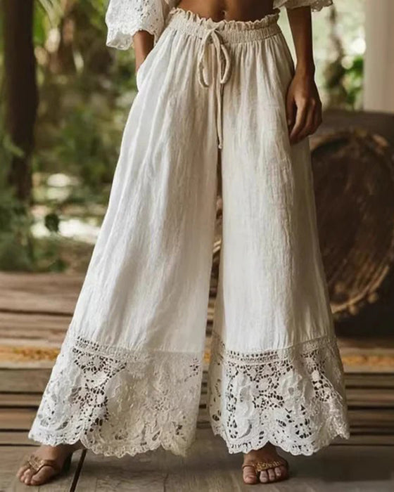 Broek Elastische Taille Trekkoord Kant Patchwork Wijde Pijp