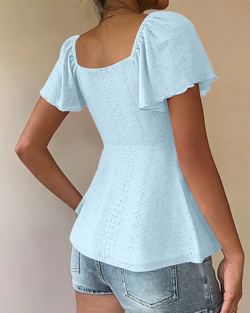 Blouse Doorgebroken Trekkoord Korte Mouw Effen
