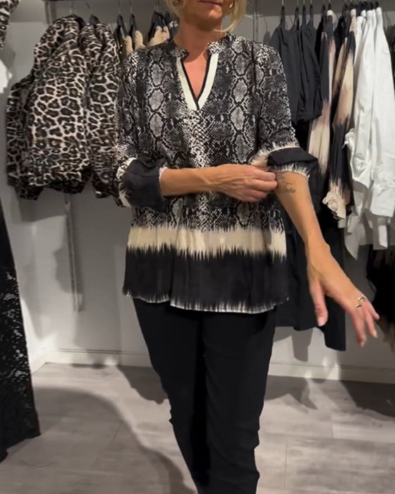 Blouse met kleurblokken met V-hals en slangenprint