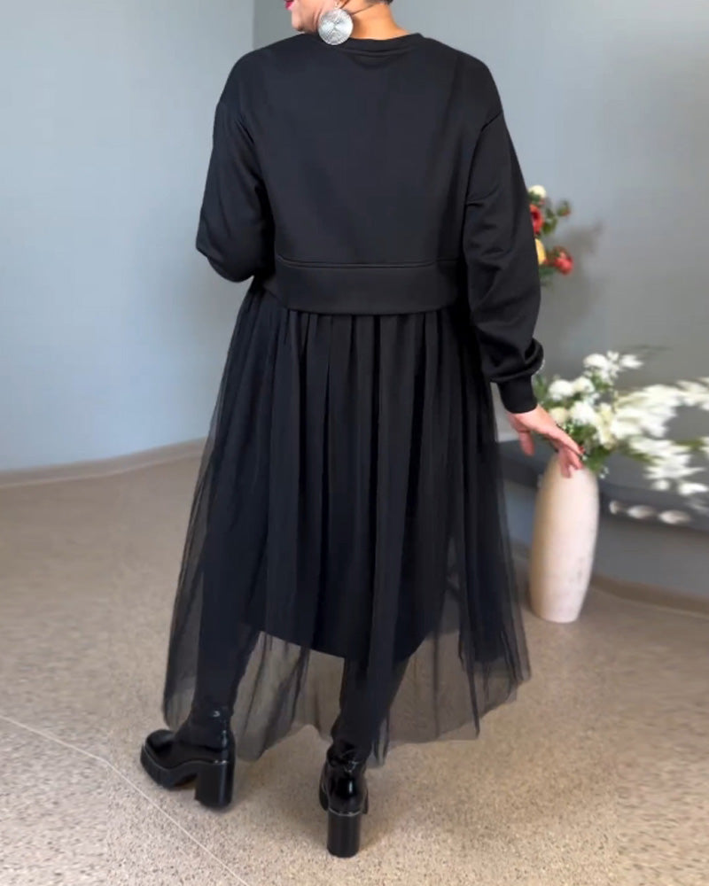 Effen kleur elegante jurk met onregelmatige mesh-stiksels