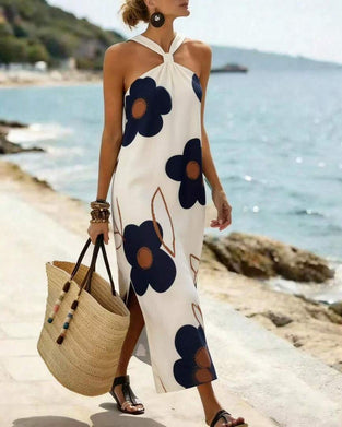 Jurk Kruis Halter Bloemig Split Maxi