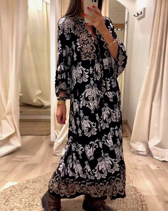 Vintage losse jurk met print en geplooide