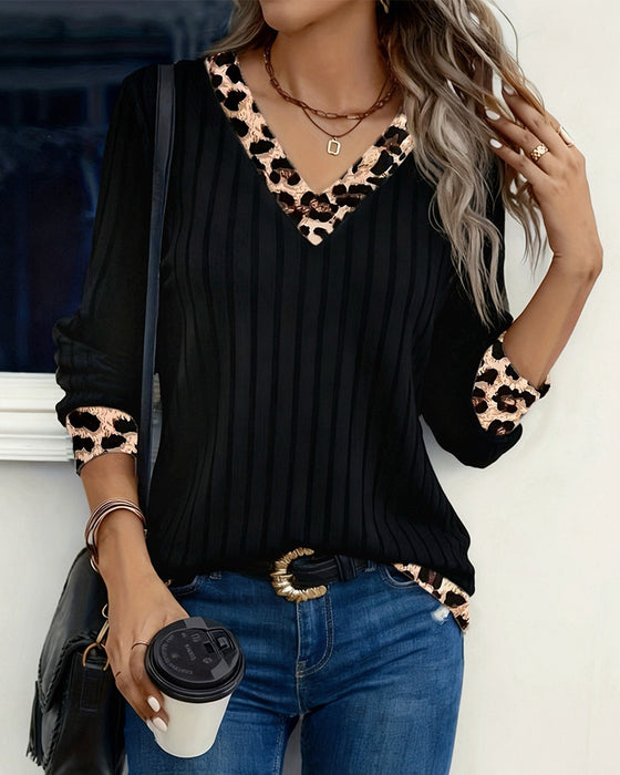 Top Lange Mouw V-Hals Luipaard Patchwork