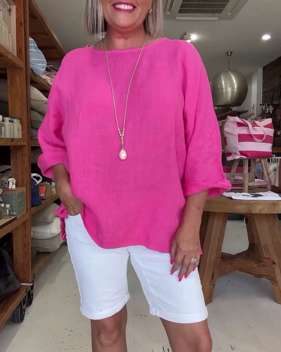 Top Effen Kleur Ronde Hals Katoen Linnen