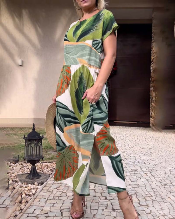 Jurk met split en korte mouwen met bladprint