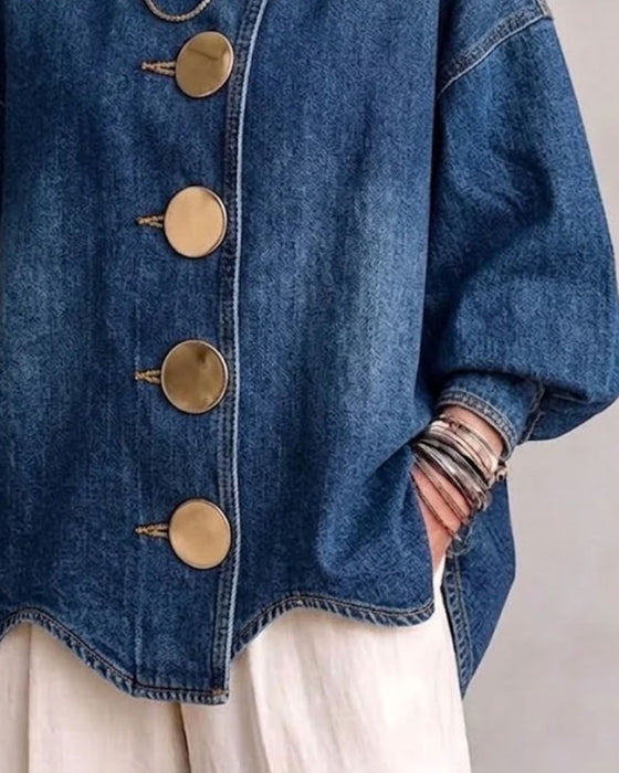 Jas Revers Geknoopt Poef Mouw Denim