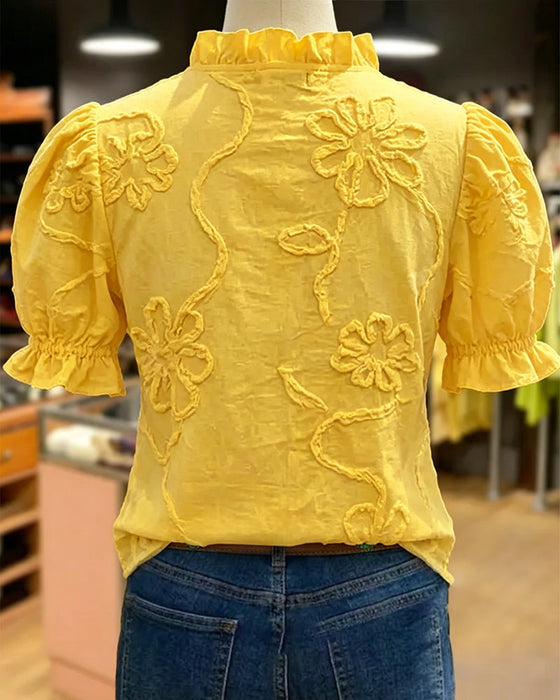 Blouse V-Hals Ruche Rand Pofmouw