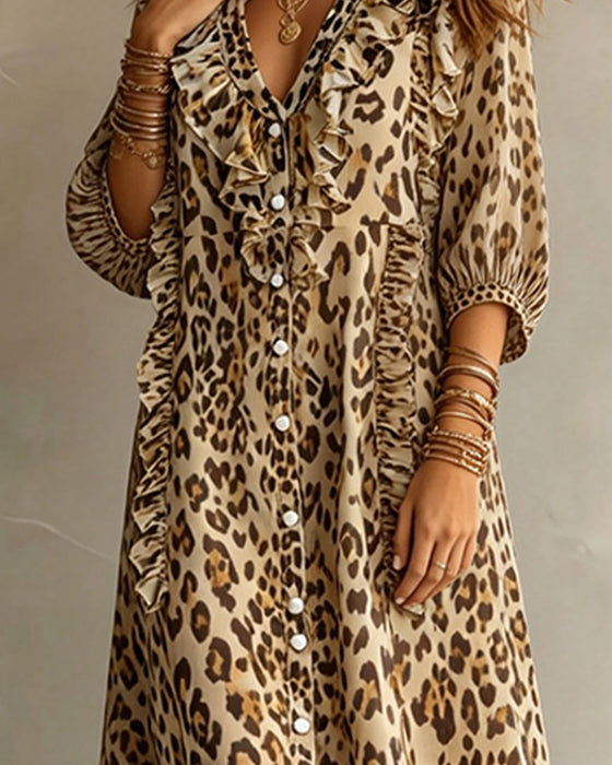 Jurk Luipaardprint Gerimpelde Zoom Maxi