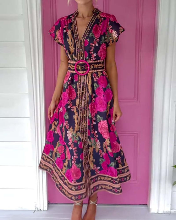 Jurk V-Hals Roos Print