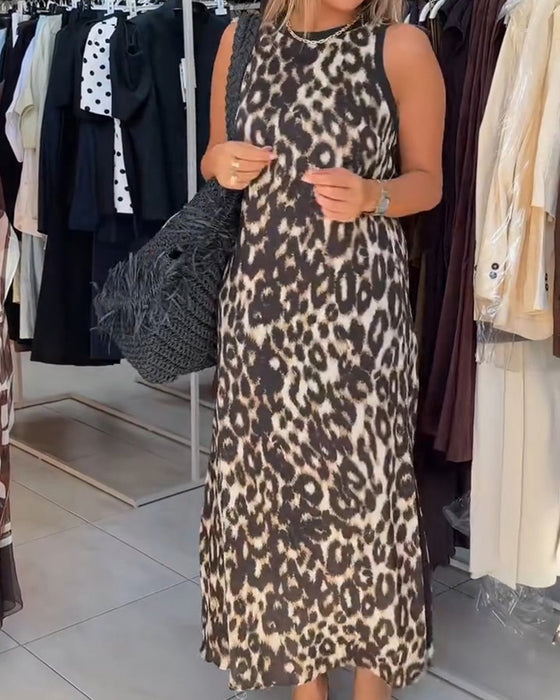 Jurk Rondhals Luipaardprint Mouwloos Maxi