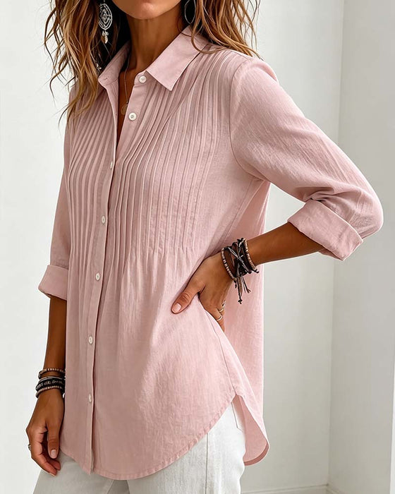 Shirt V Hals Plooien Knoppen Lange Mouwen