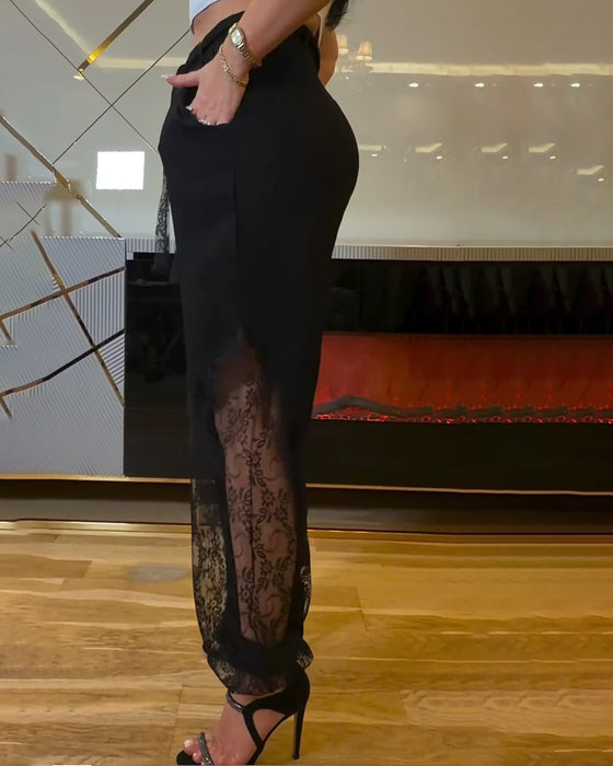 Broek Kant Patchwork Elastische Taille Lantaarn