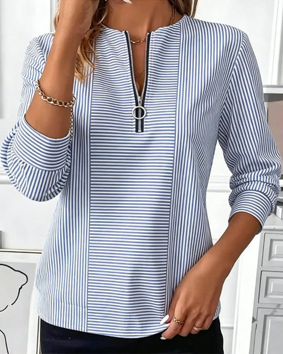 Blouse Gestreept Patchwork Rits Dicht
