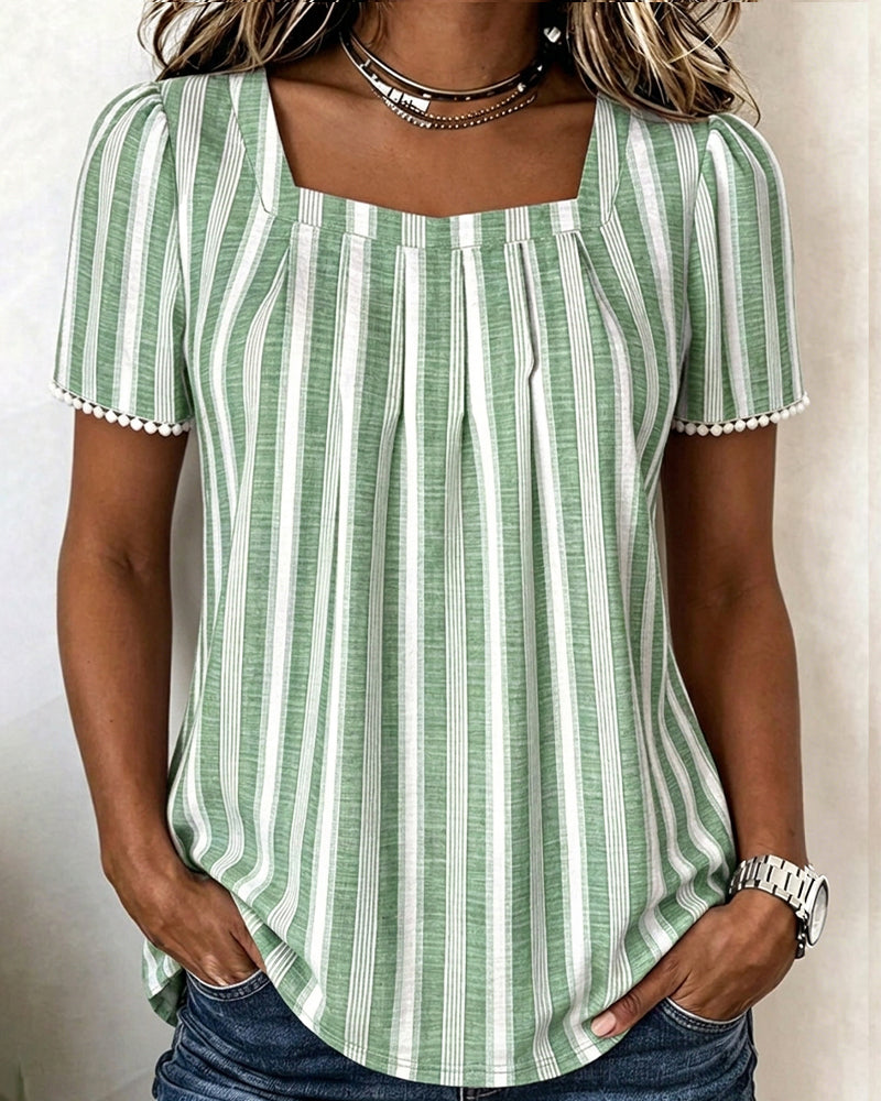 Blouse Gestreept Vierkante Hals Korte Mouw
