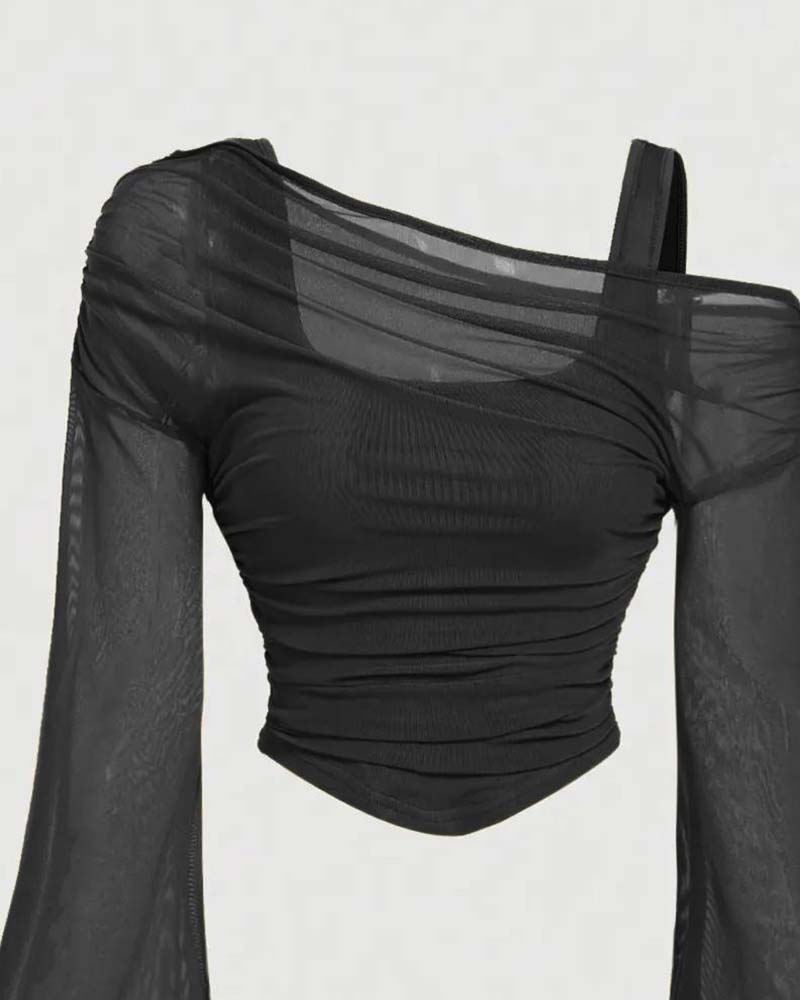 Blouse Gaas Geruwd Lange Mouw Cami