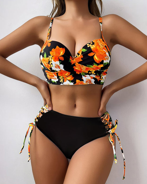 Bikini Kleurblok Bloemenprint Gerimpelde Strik