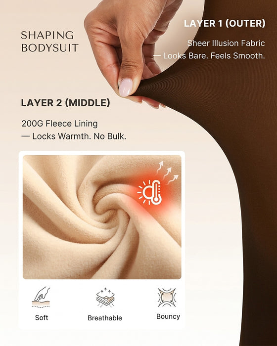 Transparant Paneel Met Fleecegevoerde Panty Stay-Warm Buikcontrole Sheer-Effect Panty Bodysuit Zwart Basic