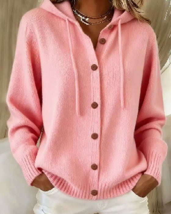 Cardigan Effen Kleur Capuchon Knoopsluiting