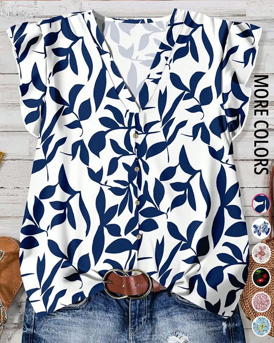 Blouse Met V-Hals En Bedrukte Ruche-Mouwen
