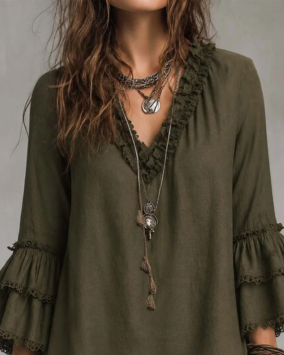 Blouse V-Hals Twee-Niveau Mouw Ruffle
