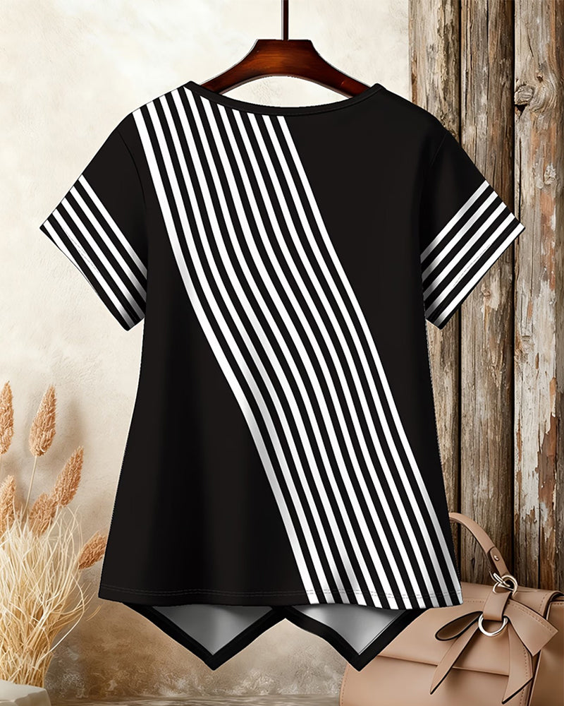 T-Shirt Diagonale Streep Patchwork Rondhals