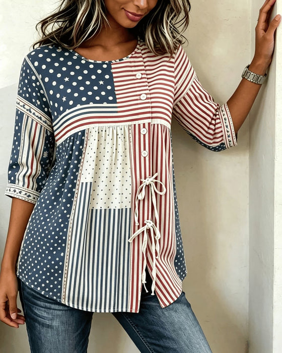 Blouse Vlag Afdruk Patchwork Stropdas
