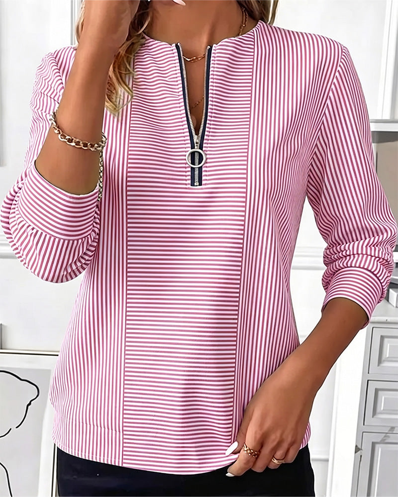 Blouse Gestreept Patchwork Rits Dicht