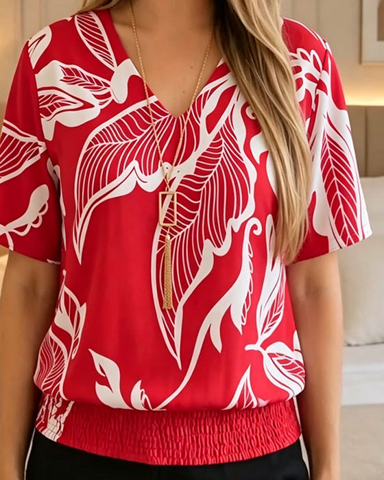 Blouse Bloemenprint Elastische Zoom Korte Mouw