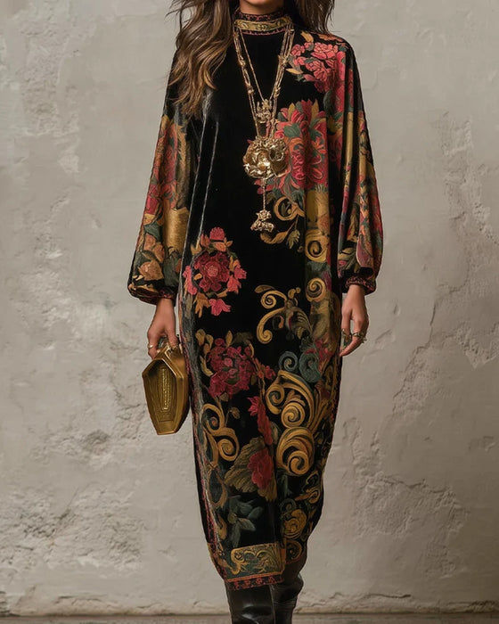 Jurk Mock-Neck Floral Velvet Langmouw Maxi