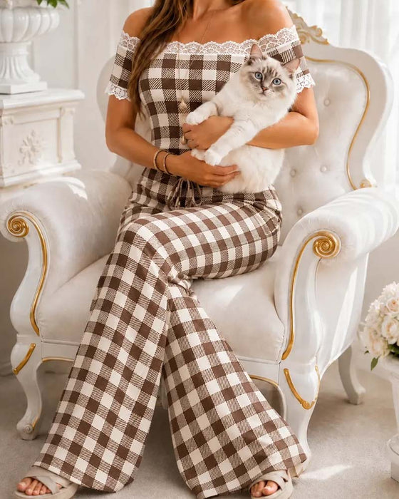 Set Off-Shoulder Kant Rand Streep Breed Been Broek