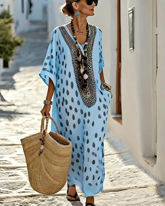 Jurk V-Hals Stippen Resort Print