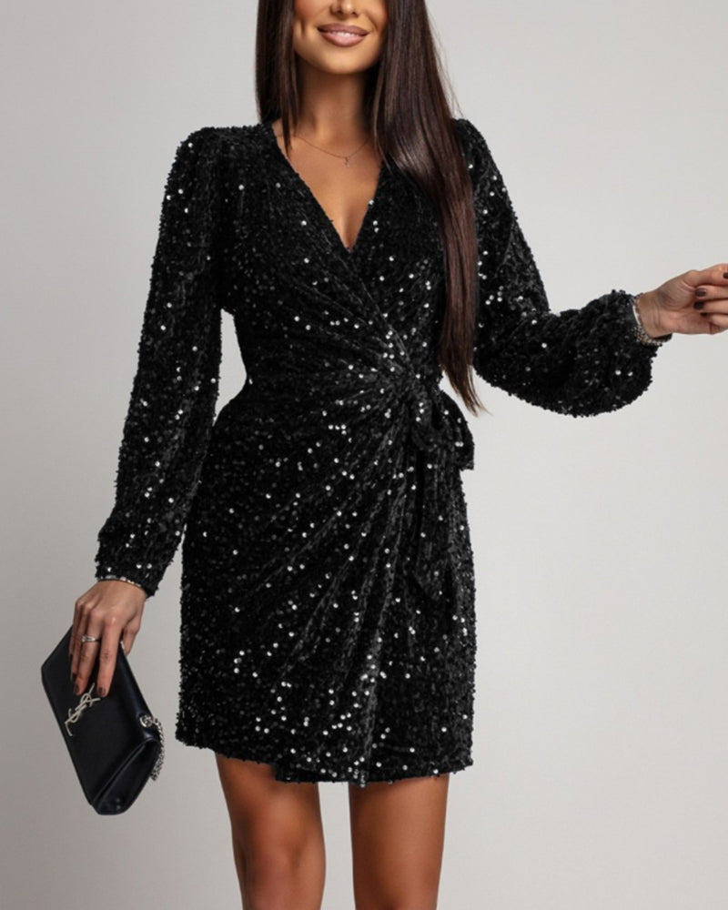 Jurk Modieus Glitter V-Hals Lantaarnmouwen