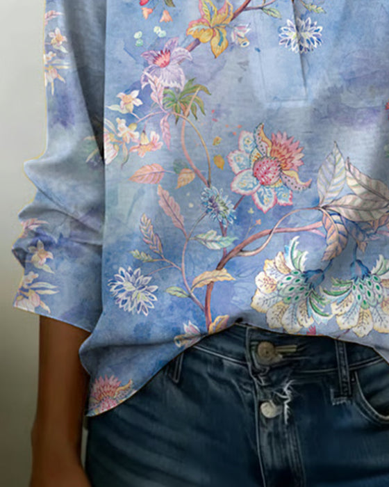 Blouse Opstaande Kraag Lange Mouw Bloemen