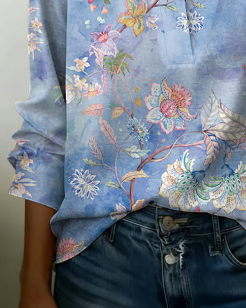 Blouse Opstaande Kraag Lange Mouw Bloemen