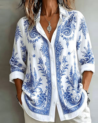 Overhemd Blauw Porselein Print Reverse