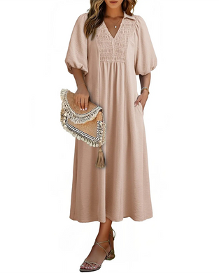 Jurk V-Hals Klep Pof Mouw Maxi