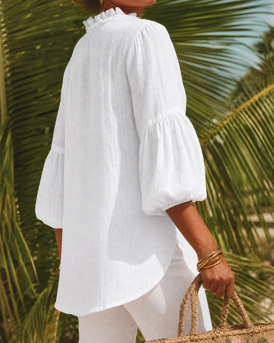 Blouse Ruffle Rand Pofmouw V-Hals