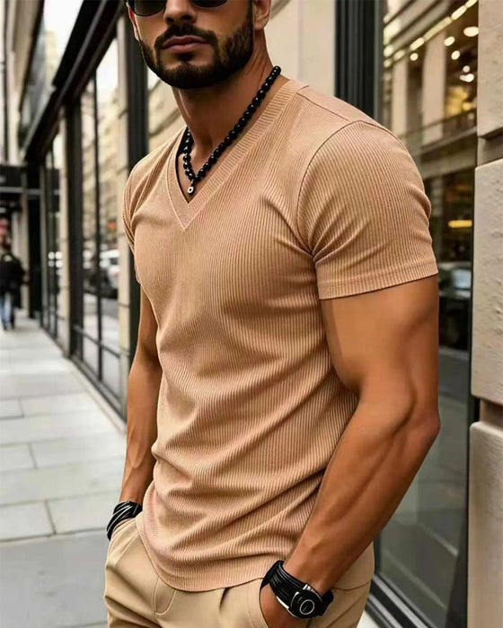 T-Shirt V-Hals Geribbeld Effen Kleur Heren