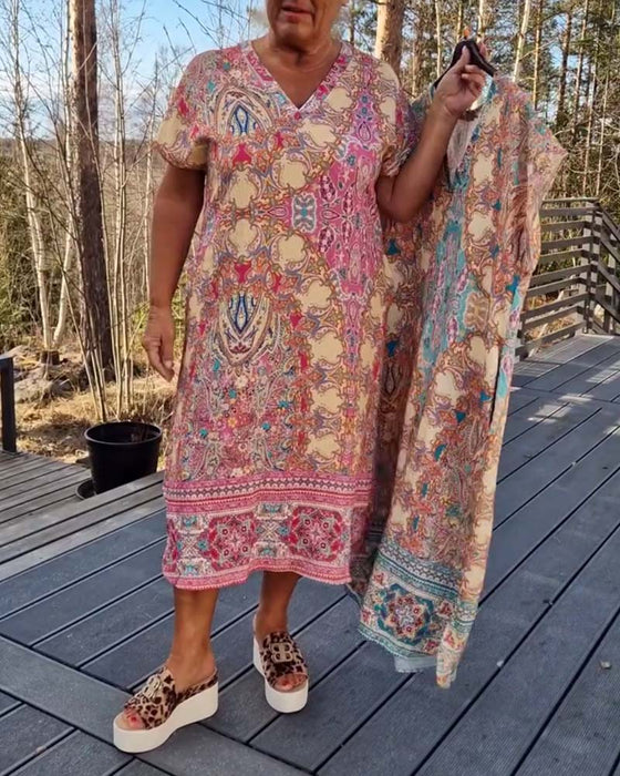 Jurk V-Hals Korte Mouwen Bedrukt Recht