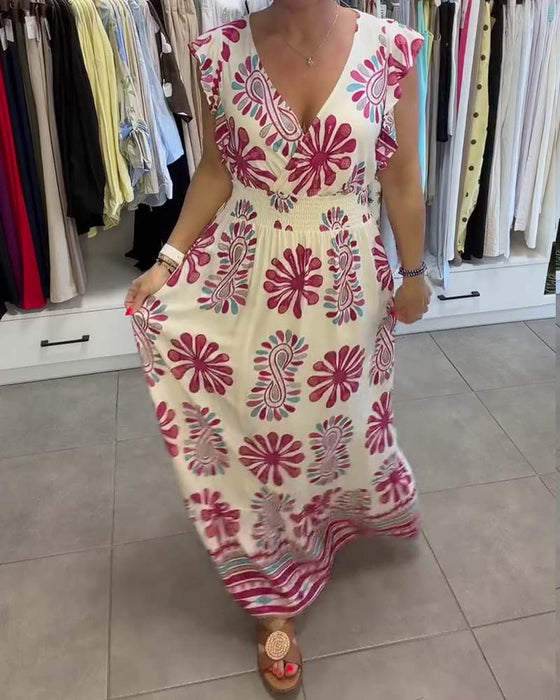 Jurk Bloemen Taille-Riem Fladder-Mouw Vakantie Maxi