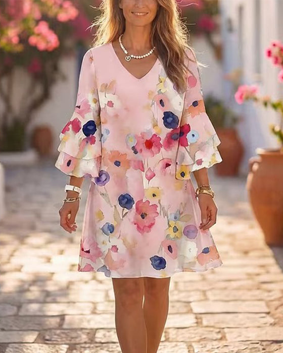 Jurk Aquarelprint Flare Mouw Kort