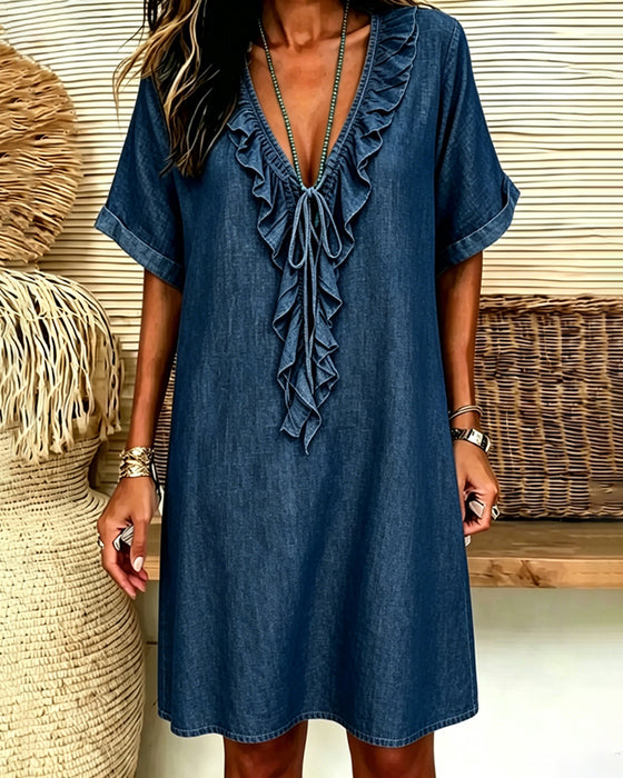 Jurk V-Hals Denim Ruffle