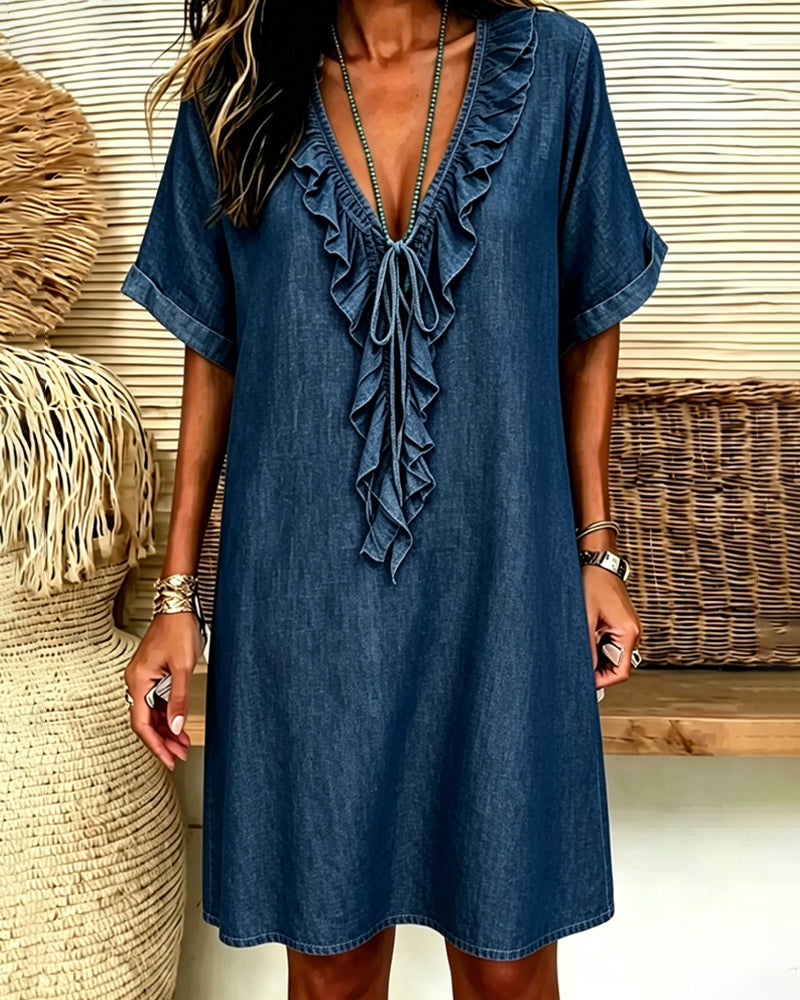 Jurk V-Hals Denim Ruffle
