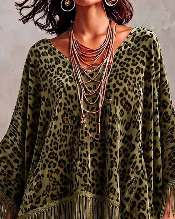 Blouse Vleermuismouw Franjes Luipaardprint Los Fluweel