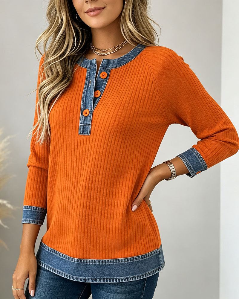 Top Knopen Ronde Hals Armsgat Denim Patchwork