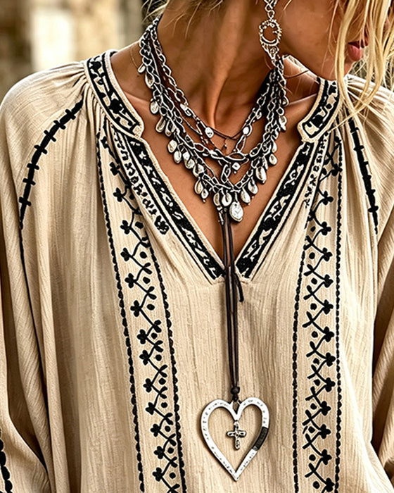 Blouse V-Hals Etnisch Halflange Mouw Relaxed