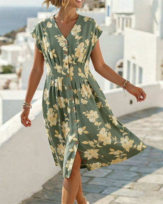 Jurk V-Hals Print Getailleerde Taille Knoopsluiting Voorzijde